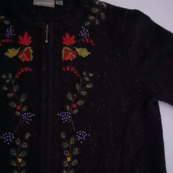 Vintage Craft & Barrel Black Zip-Up Knit Cardigan Embroidered Grapevine Fruit M - Picture 7 of 12